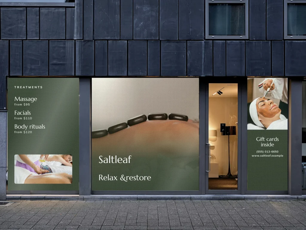 Window graphic template WG-06 for a spa: Saltleaf, sage with a hot stones photo