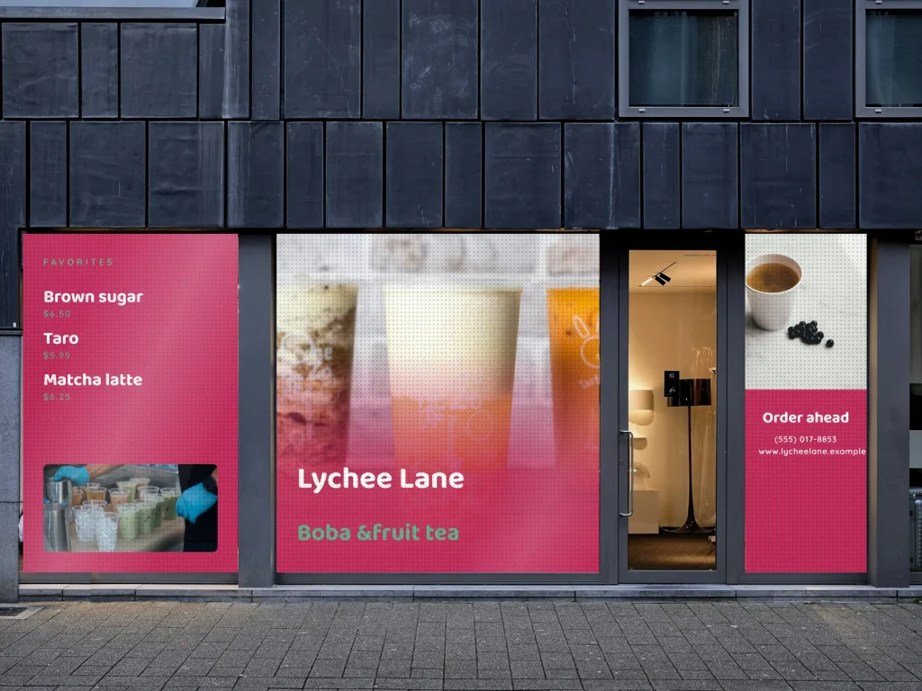 Window graphic template WG-07 for a restaurant: Lychee Lane, berry pink with three boba drinks