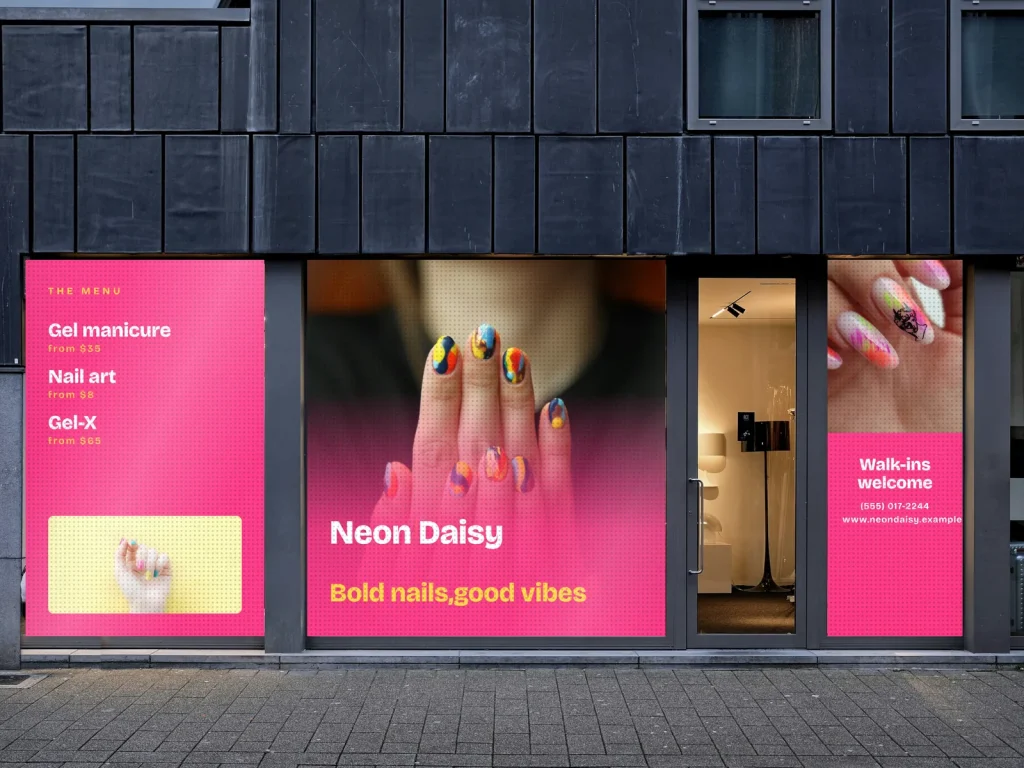 Window graphic template WG-08 for a nail salon: Neon Daisy, neon pink with swirl nail art