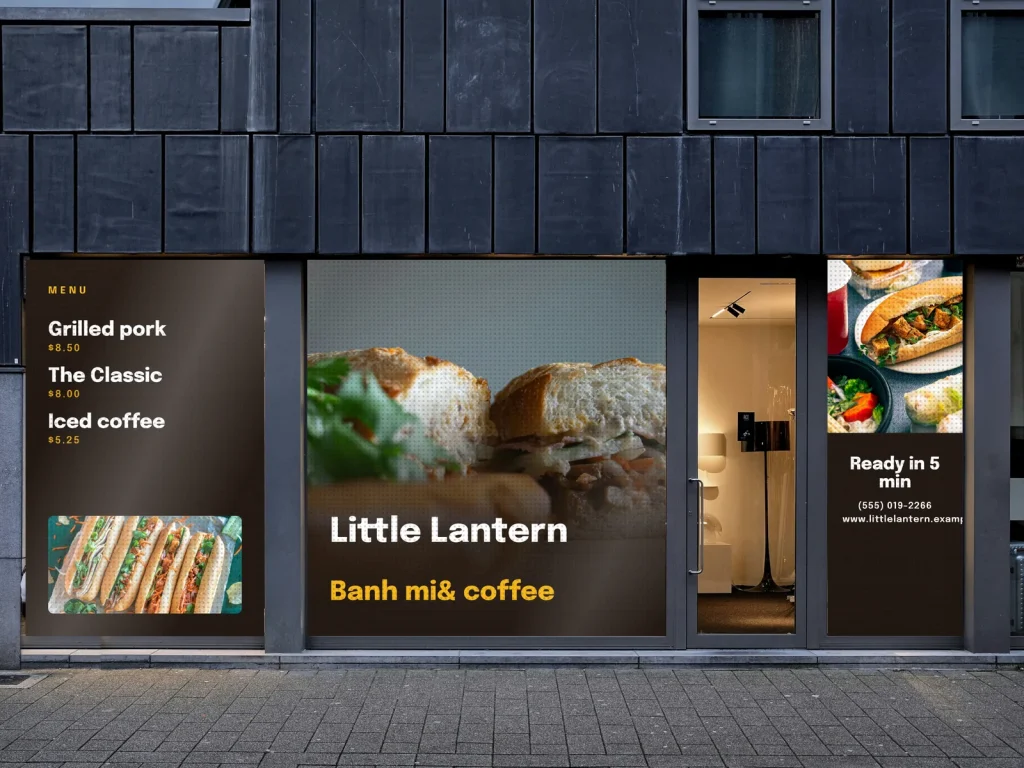 Window graphic template WG-09 for a restaurant: Little Lantern, dark brown with a grilled pork banh mi