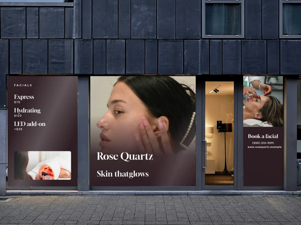Window graphic template WG-10 for a spa: Rose Quartz, deep berry with a glowing skin photo