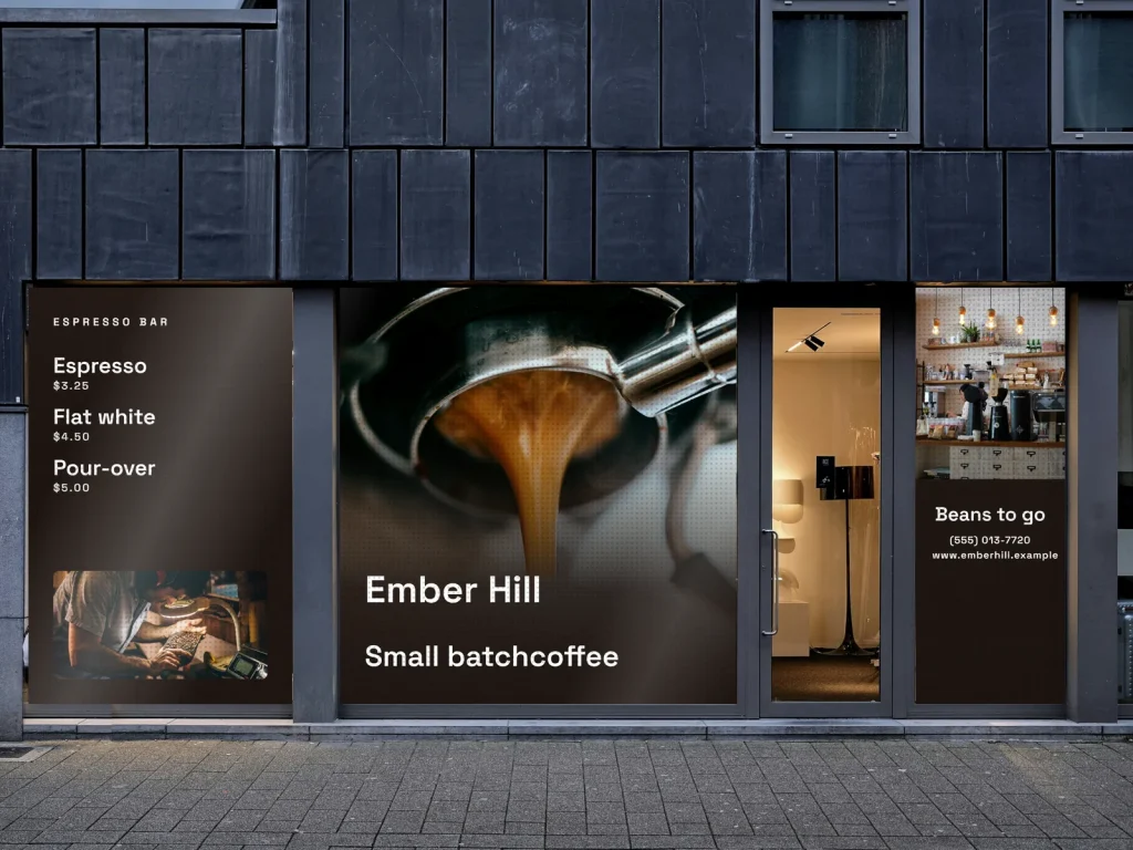 Window graphic template WG-11 for a bakery or café: Ember Hill, espresso brown with an espresso pour