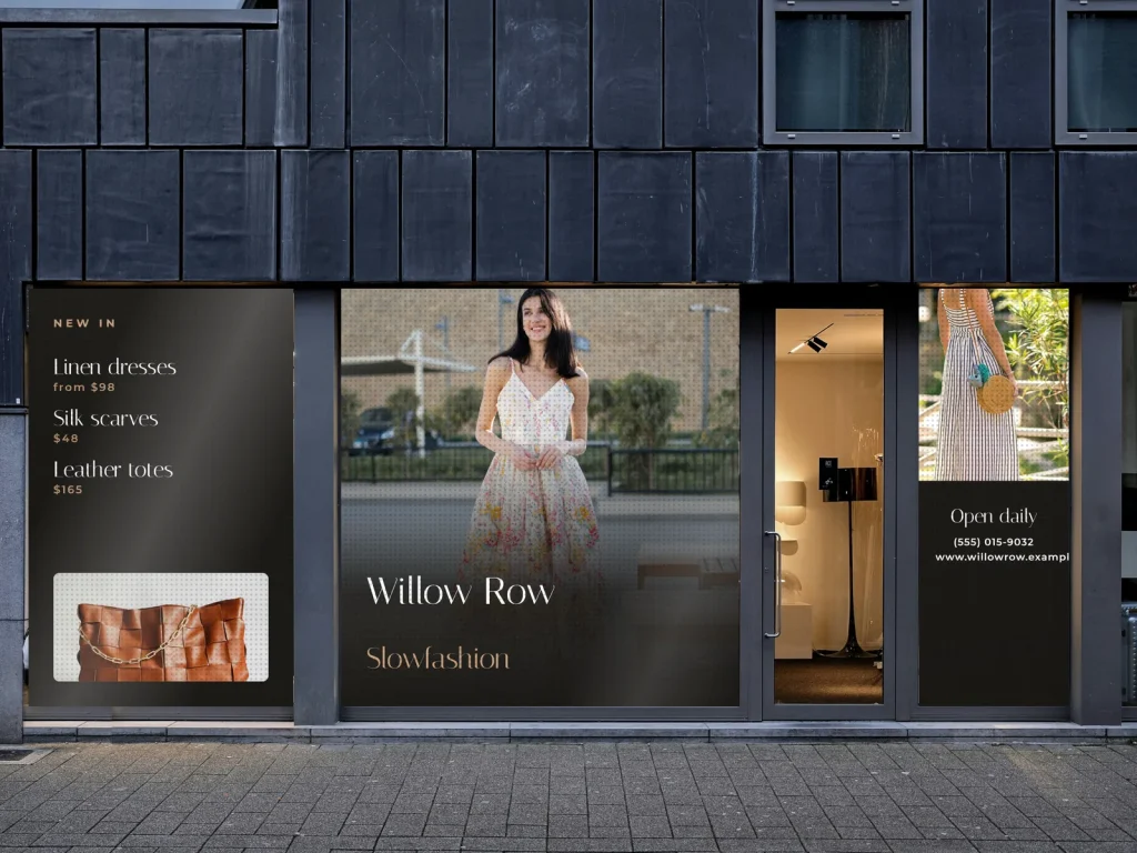 Window graphic template WG-12 for a shop: Willow Row, black with a floral dress photo