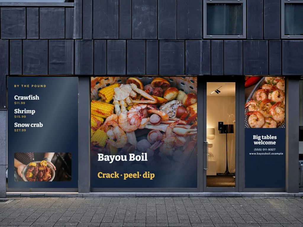 Window graphic template WG-13 for a restaurant: Bayou Boil, navy with a seafood boil photo