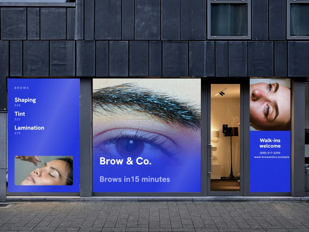 Window graphic template WG-14 for a lash and brow studio: Brow & Co., electric blue with a brow photo