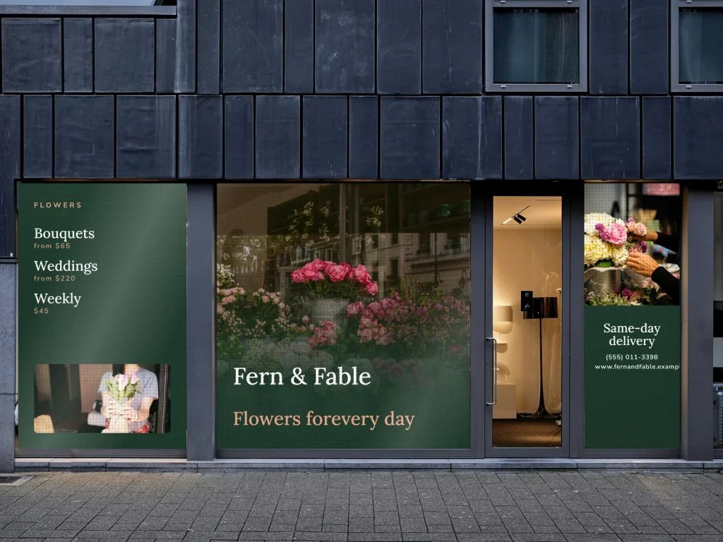 Window graphic template WG-15 for a shop: Fern & Fable, forest green with buckets of flowers