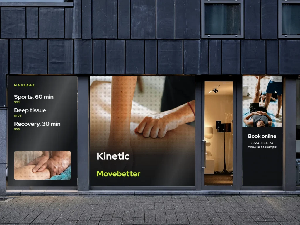 Window graphic template WG-16 for a spa: Kinetic, black with lime type and a massage photo