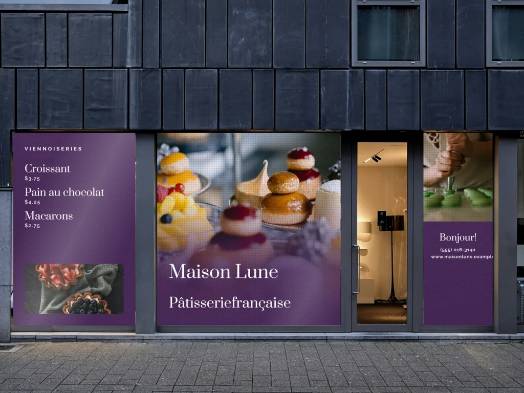 Window graphic template WG-17 for a bakery or café: Maison Lune, plum with pastries on tiered stands