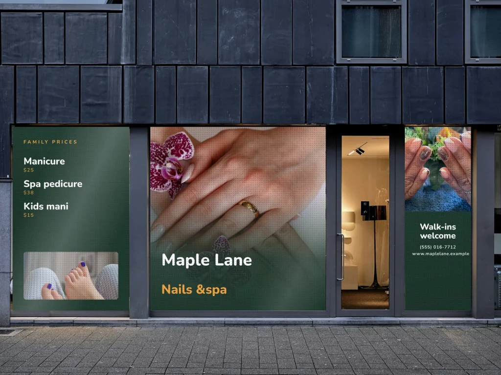 Window graphic template WG-18 for a nail salon: Maple Lane, forest green with pink ombre nails