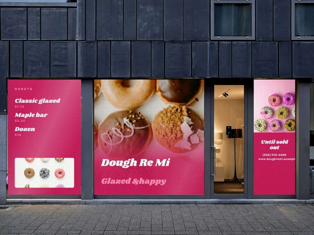Window graphic template WG-19 for a bakery or café: Dough Re Mi, candy pink with donuts from above