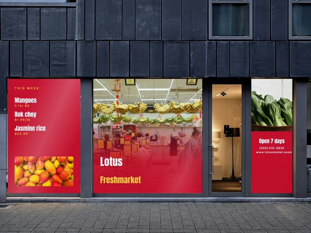 Window graphic template WG-20 for a shop: Lotus, red with a produce aisle under lanterns