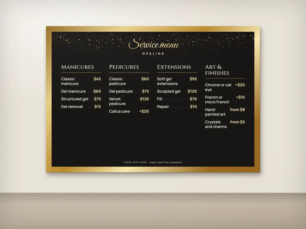 Wall menu template WM-01 for a nail salon: Opaline, black glitter board in a gold frame