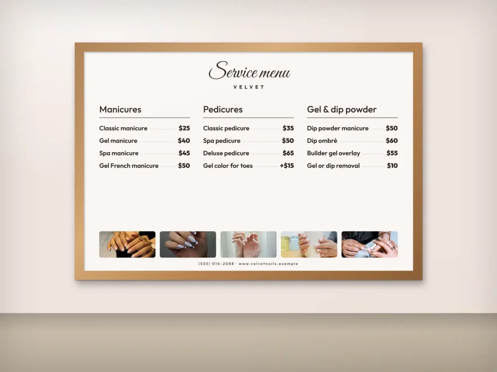Wall menu template WM-02 for a nail salon: Velvet, blush board with a photo strip in an oak frame