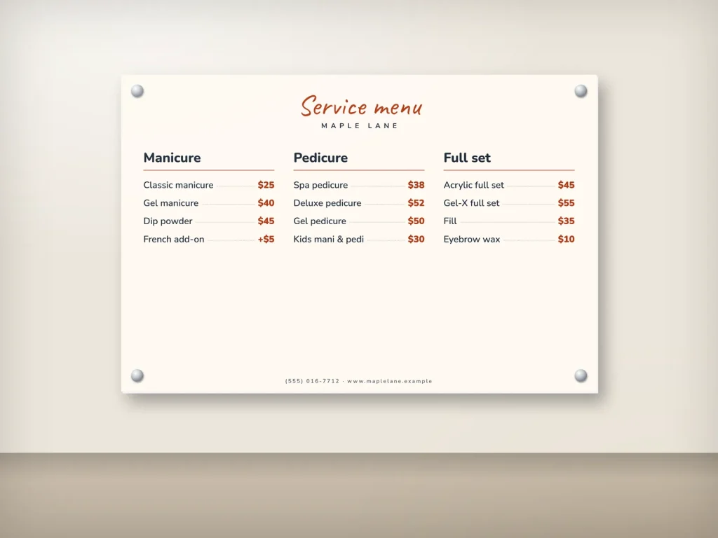 Wall menu template WM-03 for a nail salon: Maple Lane, family price board on rigid board with standoffs