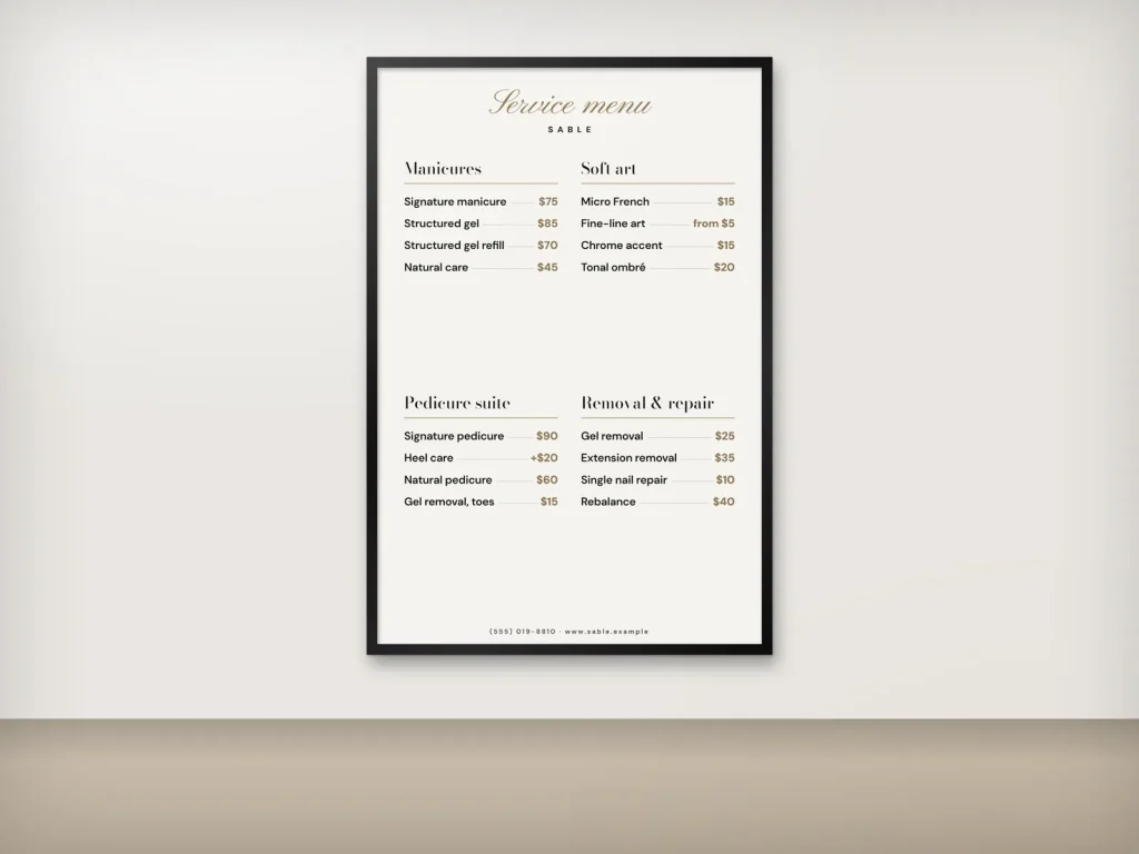 Wall menu template WM-04 for a nail salon: Sable, portrait ivory board in a black frame