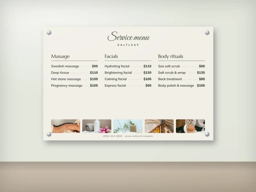 Wall menu template WM-05 for a spa: Saltleaf, sage spa board with a photo strip