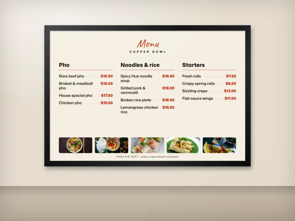 Wall menu template WM-06 for a restaurant: Copper Bowl, pho menu board with a photo strip