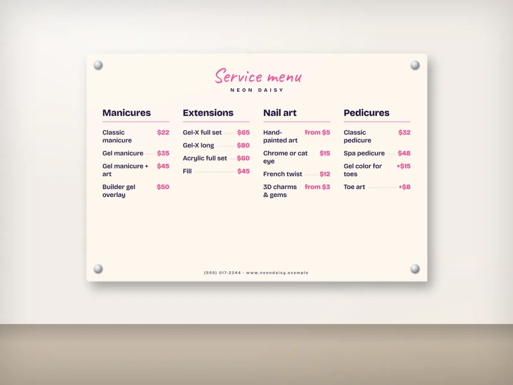 Wall menu template WM-07 for a nail salon: Neon Daisy, neon pink four-column board