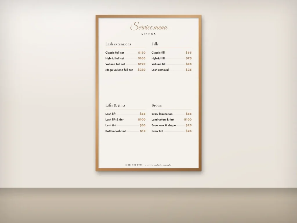 Wall menu template WM-08 for a lash and brow studio: Linnea, portrait cream lash board in a wood frame
