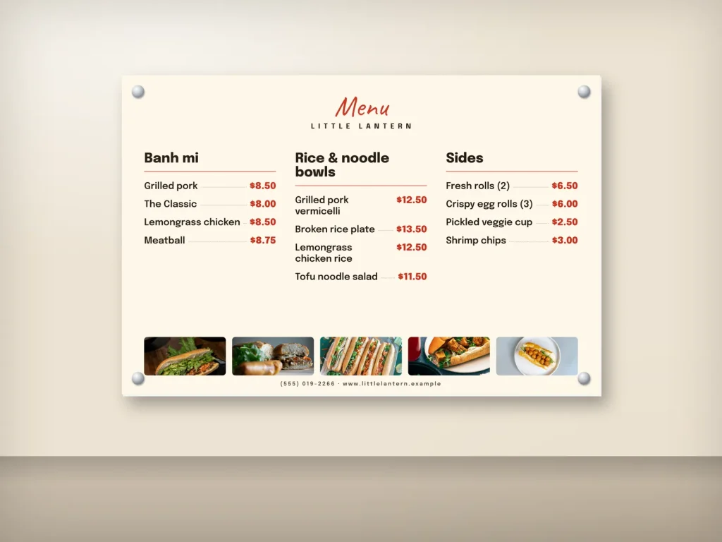 Wall menu template WM-09 for a restaurant: Little Lantern, banh mi menu board with a photo strip