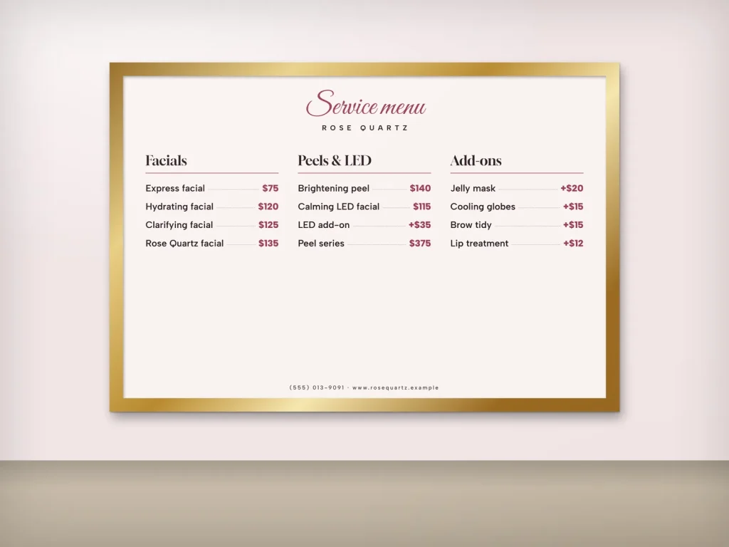 Wall menu template WM-10 for a spa: Rose Quartz, rose facial board in a gold frame