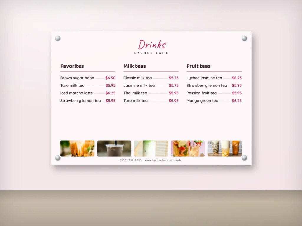 Wall menu template WM-11 for a restaurant: Lychee Lane, boba menu board with a photo strip