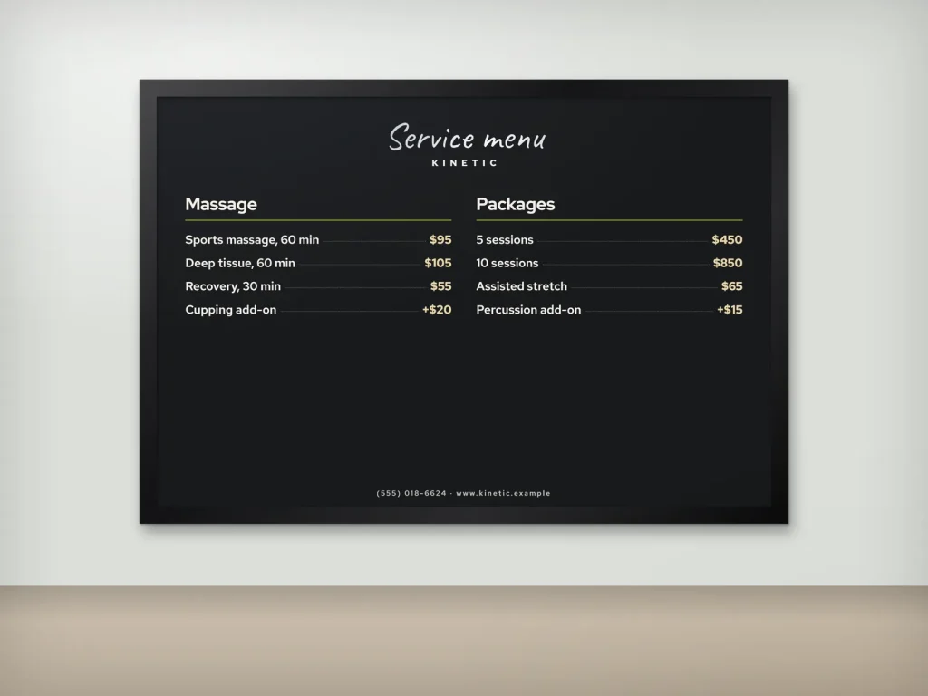 Wall menu template WM-12 for a spa: Kinetic, black massage board with lime prices
