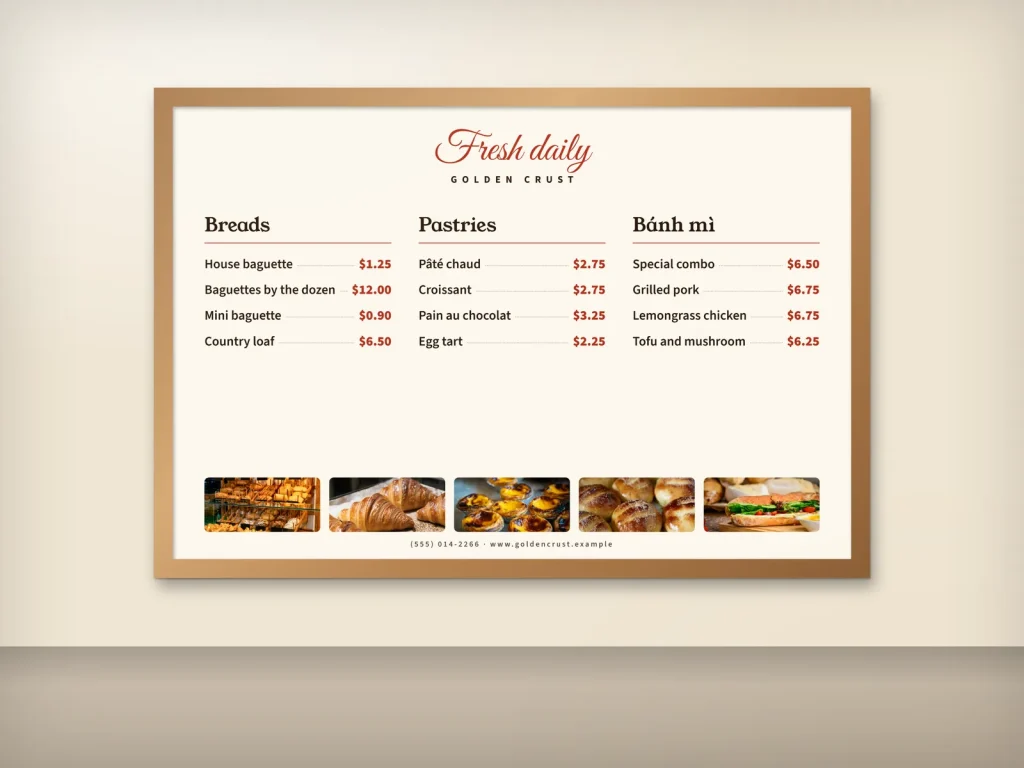Wall menu template WM-13 for a bakery or café: Golden Crust, bakery menu board with a photo strip in wood