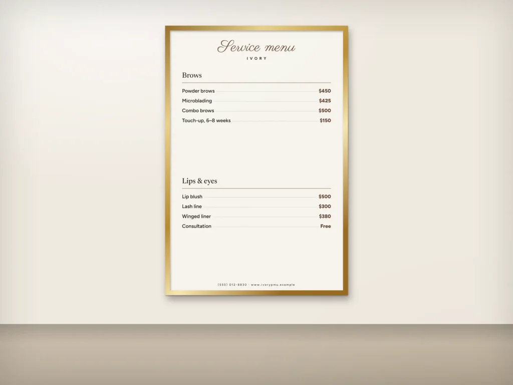 Wall menu template WM-14 for a lash and brow studio: Ivory, portrait PMU board in a gold frame