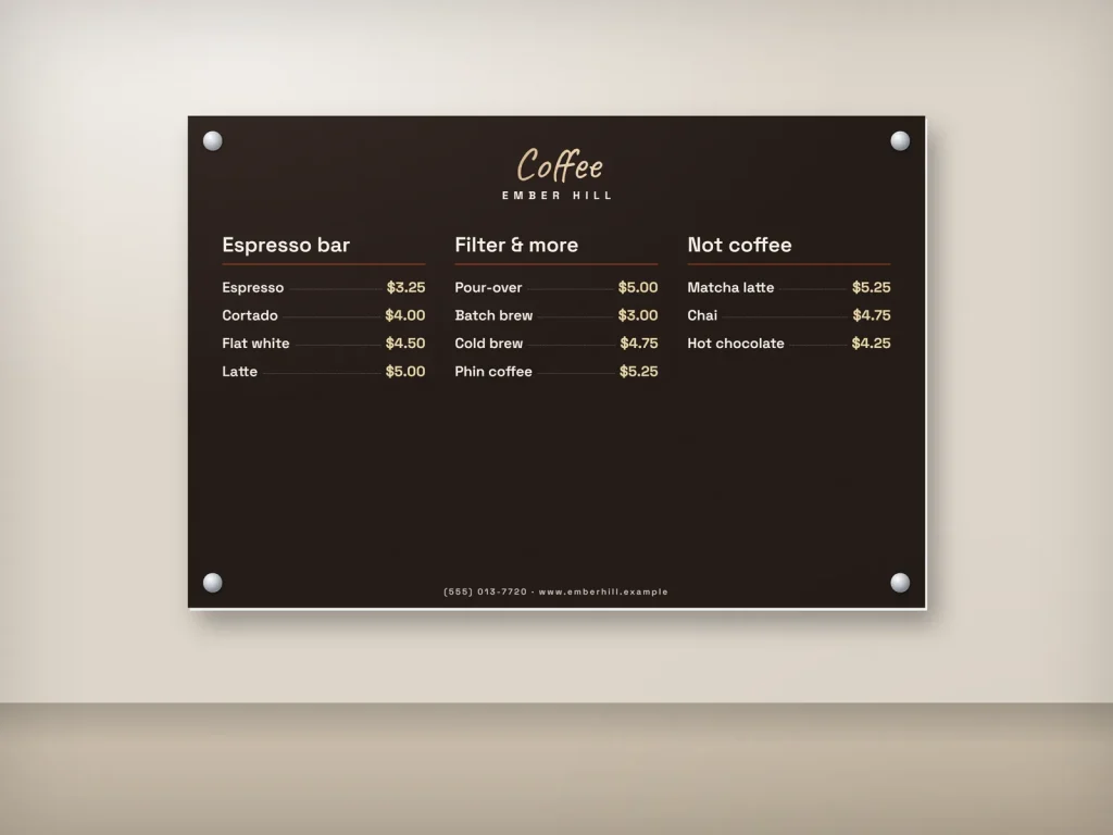 Wall menu template WM-15 for a bakery or café: Ember Hill, dark roast coffee menu board