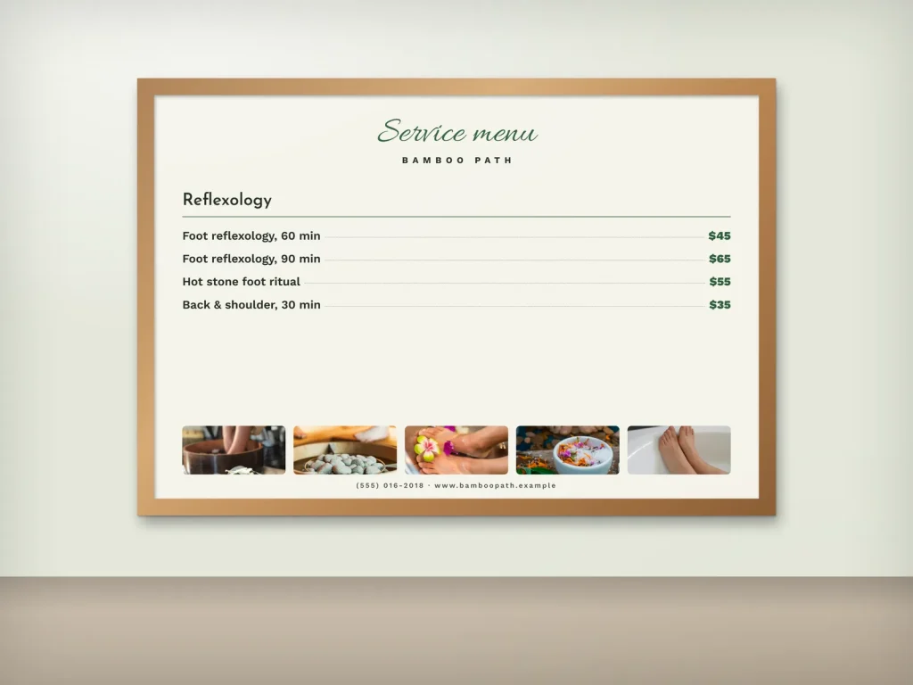 Wall menu template WM-16 for a spa: Bamboo Path, reflexology board with a photo strip