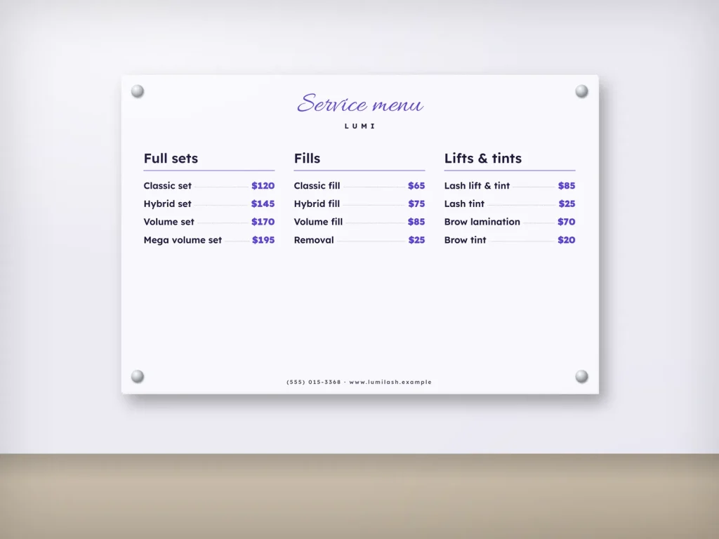 Wall menu template WM-17 for a lash and brow studio: Lumi, violet and mint lash academy board