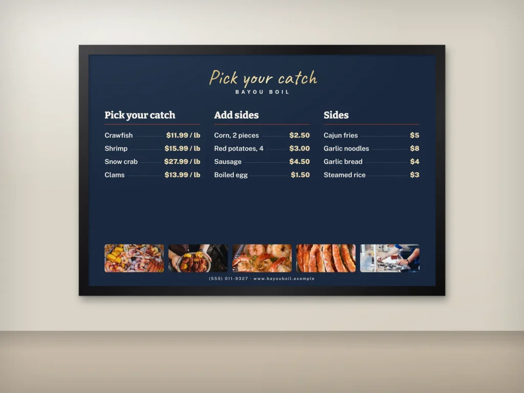 Wall menu template WM-18 for a restaurant: Bayou Boil, navy seafood menu board with a photo strip