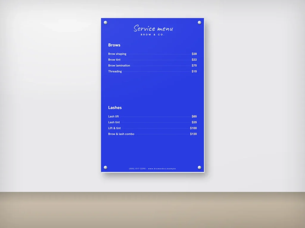 Wall menu template WM-19 for a lash and brow studio: Brow & Co., portrait electric blue board with white type
