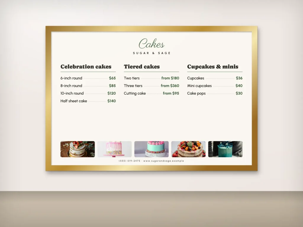 Wall menu template WM-20 for a bakery or café: Sugar & Sage, cake price board with a photo strip in gold