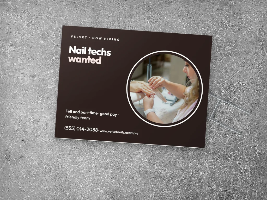 Yard sign template YS-02 for a nail salon: Velvet, big now hiring type with a nail tech photo