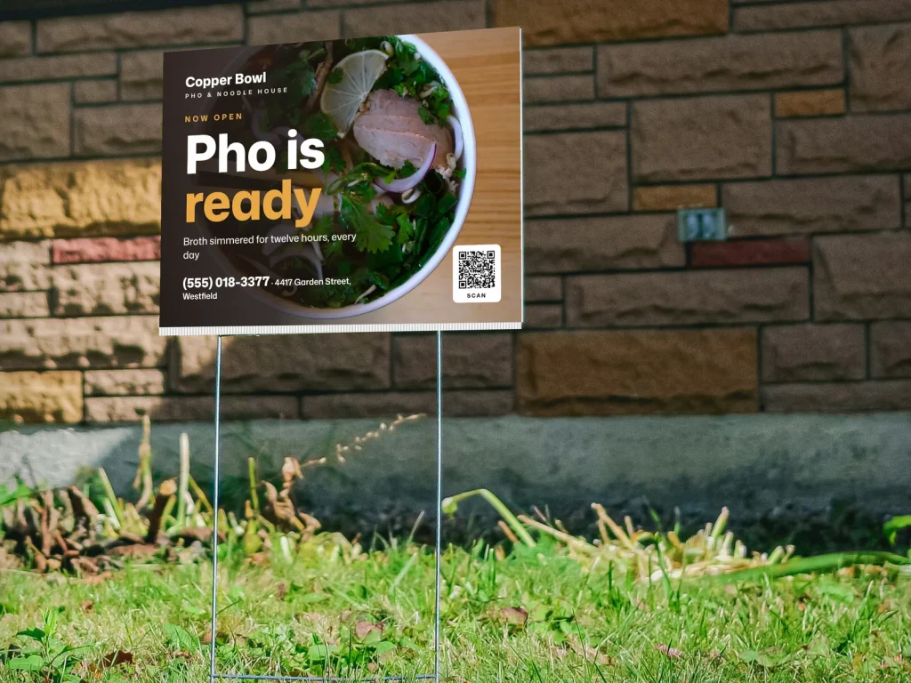 Yard sign template YS-03 for a restaurant: Copper Bowl, full noodle lift photo for an opening
