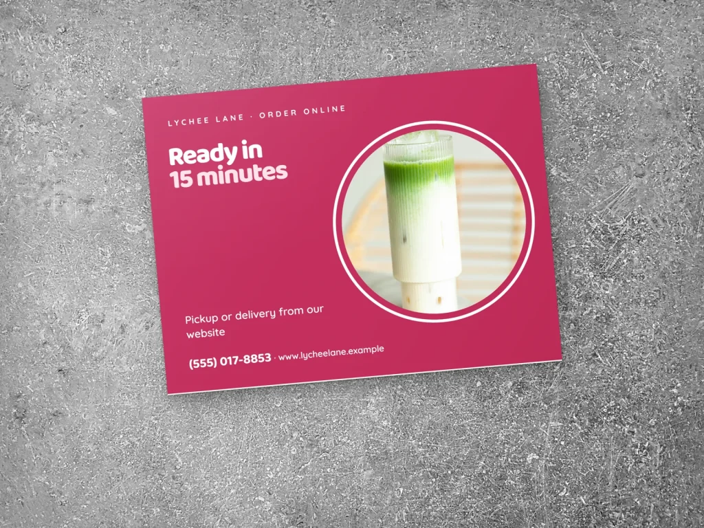Yard sign template YS-04 for a restaurant: Lychee Lane, big pink type with a round matcha photo