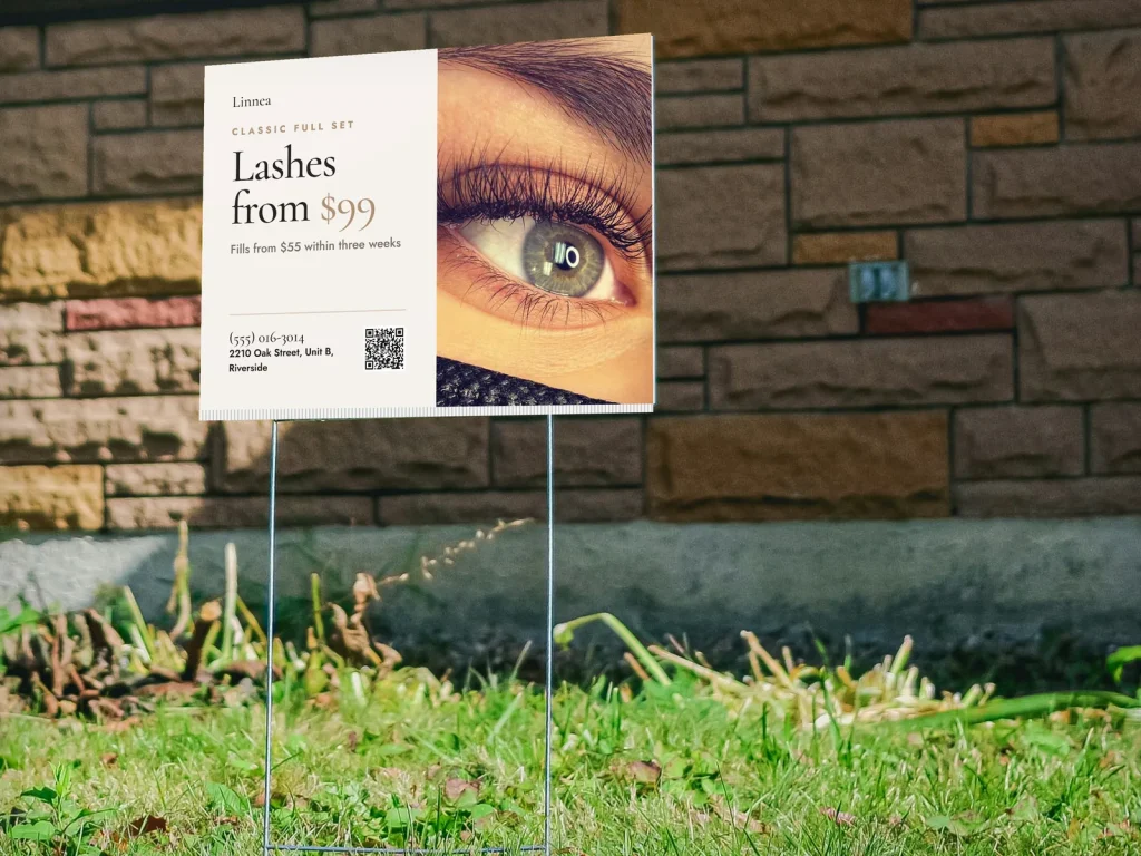 Yard sign template YS-05 for a lash and brow studio: Linnea, lashes on a green eye with the full set price