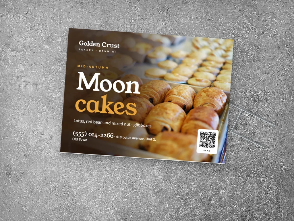 Yard sign template YS-06 for a bakery or café: Golden Crust, tray of pastries for mooncakes