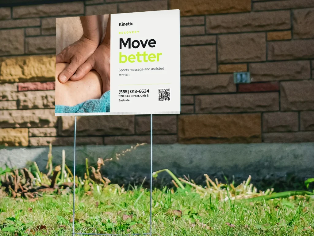 Yard sign template YS-07 for a spa: Kinetic, arm massage photo with lime type