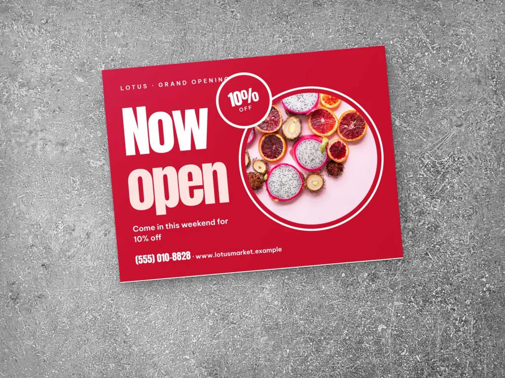 Yard sign template YS-08 for a shop: Lotus, market opening in red Anton with dragon fruit