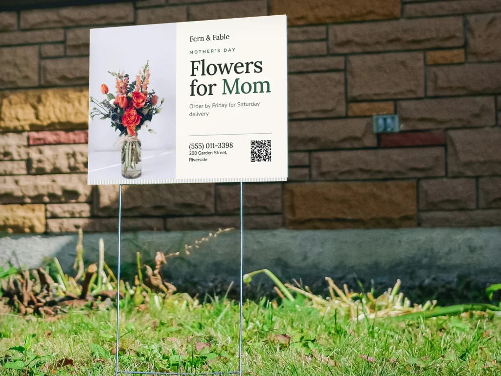 Yard sign template YS-09 for a shop: Fern & Fable, orange roses photo for Mother’s Day