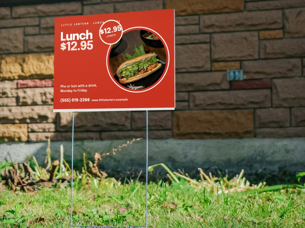Yard sign template YS-11 for a restaurant: Little Lantern, big red lunch price with a banh mi photo
