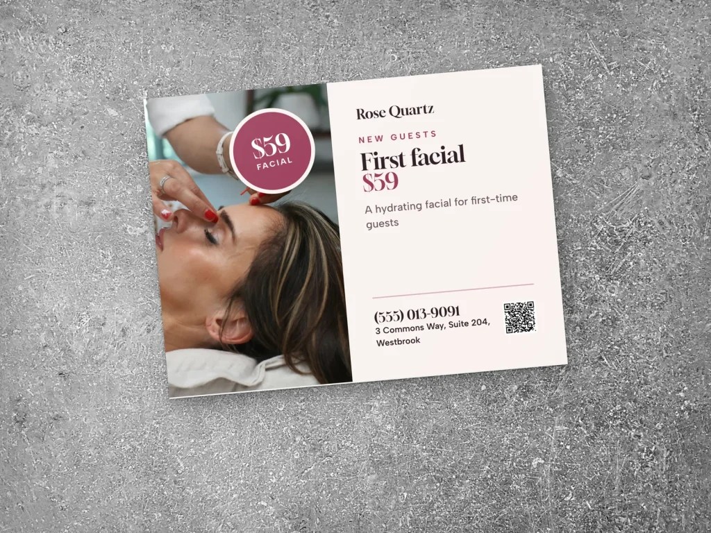 Yard sign template YS-12 for a spa: Rose Quartz, facial massage photo for a first facial