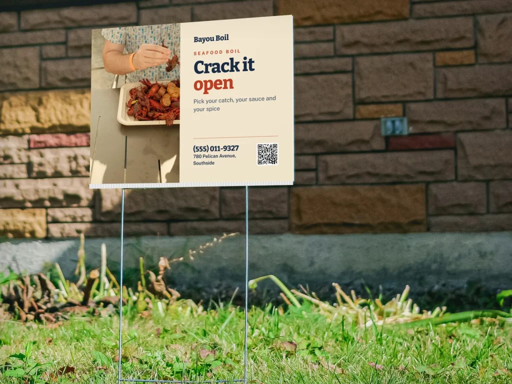 Yard sign template YS-15 for a restaurant: Bayou Boil, guest peeling crawfish with big type