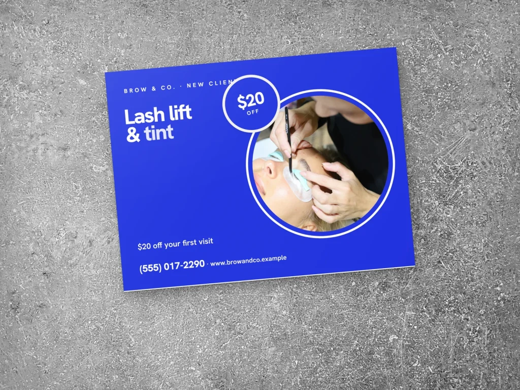 Yard sign template YS-16 for a lash and brow studio: Brow & Co., big blue type with a lash lift photo