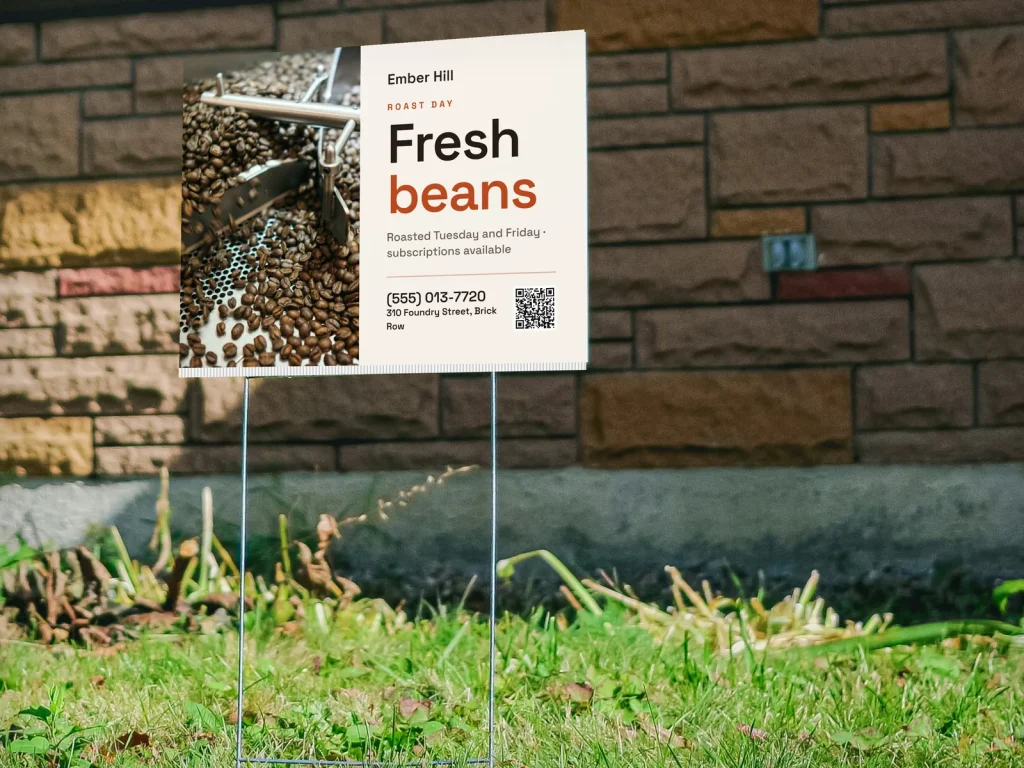 Yard sign template YS-17 for a bakery or café: Ember Hill, beans in the cooling tray for roast day