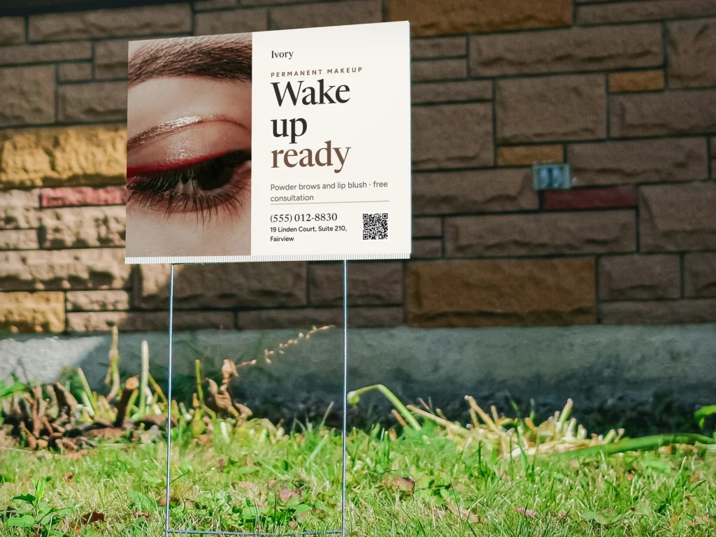 Yard sign template YS-19 for a lash and brow studio: Ivory, winged liner photo with a free consultation