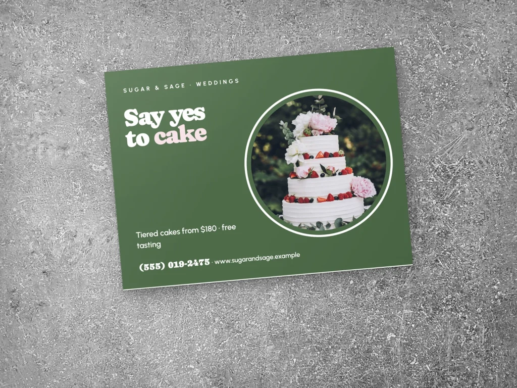 Yard sign template YS-20 for a bakery or café: Sugar & Sage, big sage type with a wedding cake